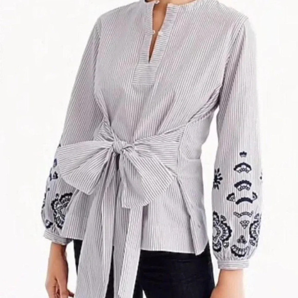 J. CREW Embroidered Sleeves Tie Front Tunic Shirt Blouse Multi Color Size Medium - Picture 3 of 11